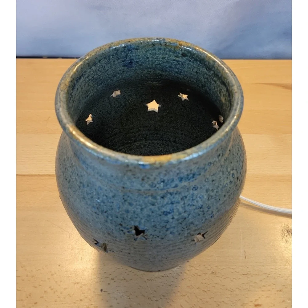 Hand Made Pottery Night Light Moon Stars Electric blue grey 7.5” tall